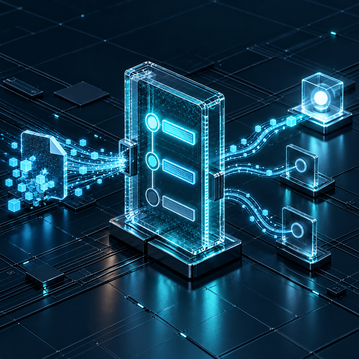 A cyan guidance console routes an incoming file through a clear next-step pathway.