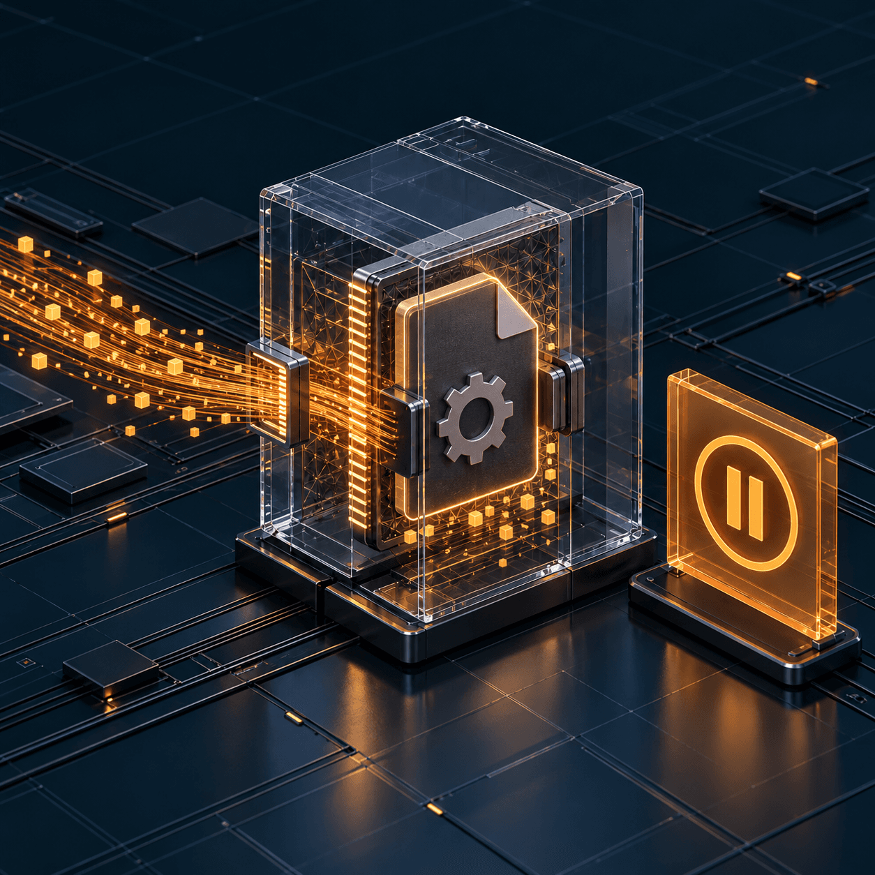 An executable file contained inside an amber-lit inspection chamber, with incoming data held at its edge.