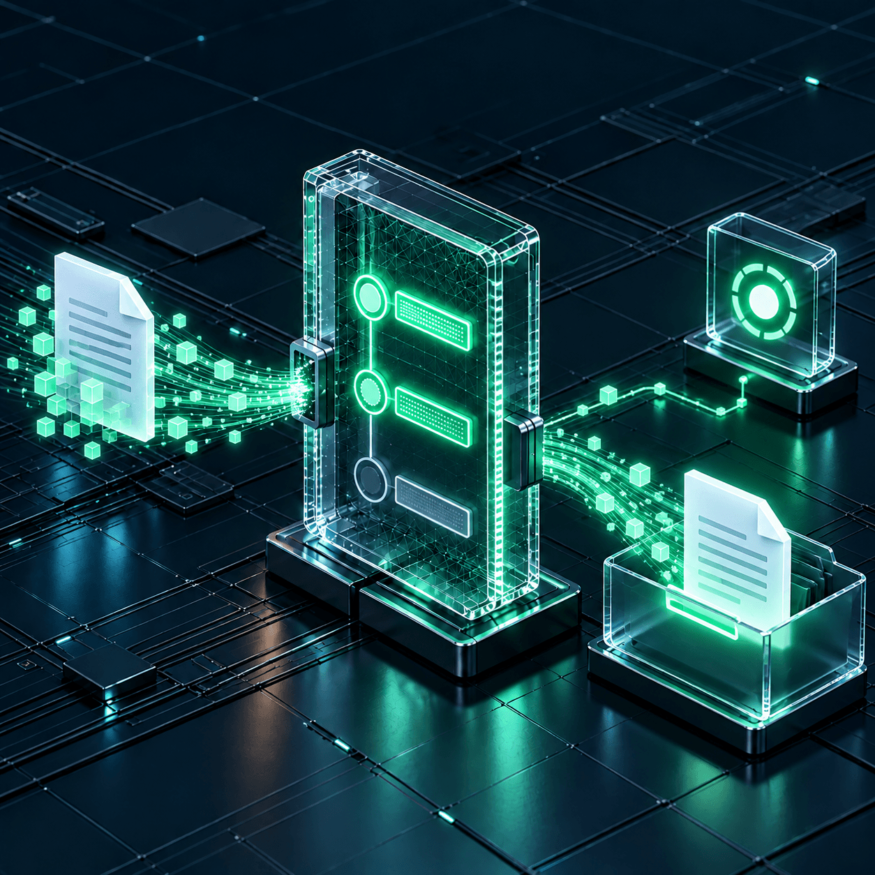 A verified document leaves inspection and returns safely to a jade-lit file tray.